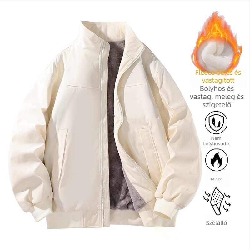 Férfi fleece-béléssel, vastag álló galléros dzseki – téli meleg, laza, minimalist stílusú, univerzális külső ruházat