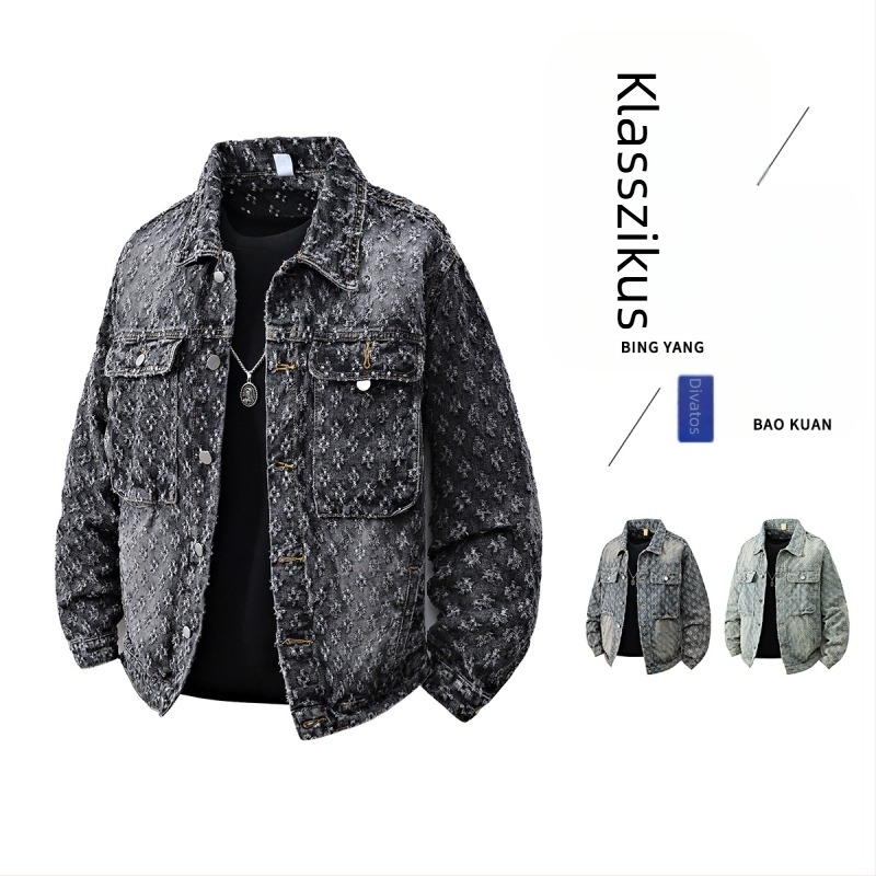 Férfi Jacquard denim dzseki, lazán szabott, amerikai street style, tavasz–ősz dizájn, 2025.