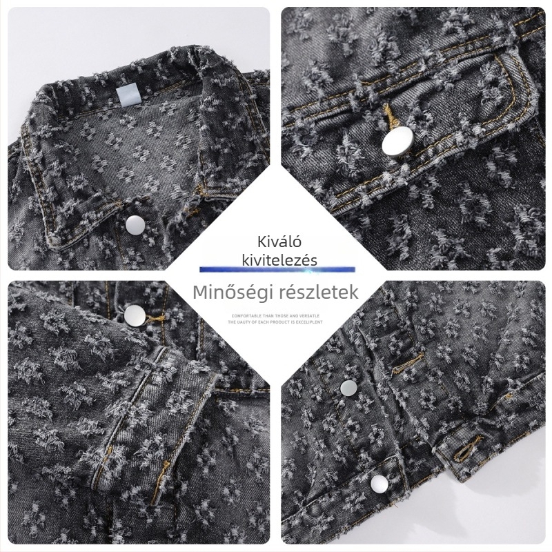 Férfi Jacquard denim dzseki, lazán szabott, amerikai street style, tavasz–ősz dizájn, 2025.