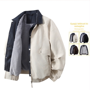 Férfi denim dzseki fleece béléssel, hamis két darabos megjelenés, meleg, laza szabású, hongkongi stílus