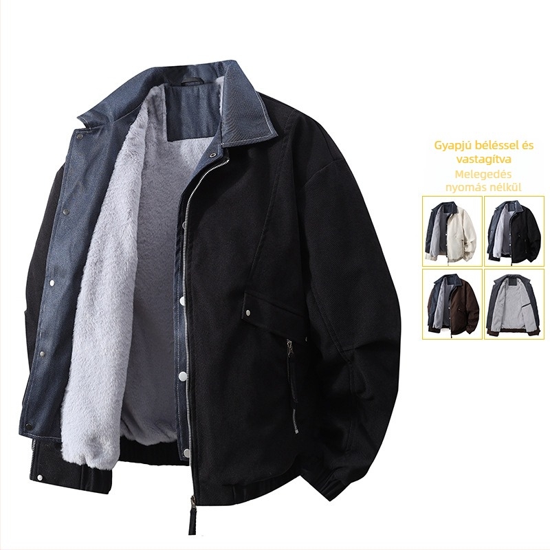 Férfi denim dzseki fleece béléssel, hamis két darabos megjelenés, meleg, laza szabású, hongkongi stílus