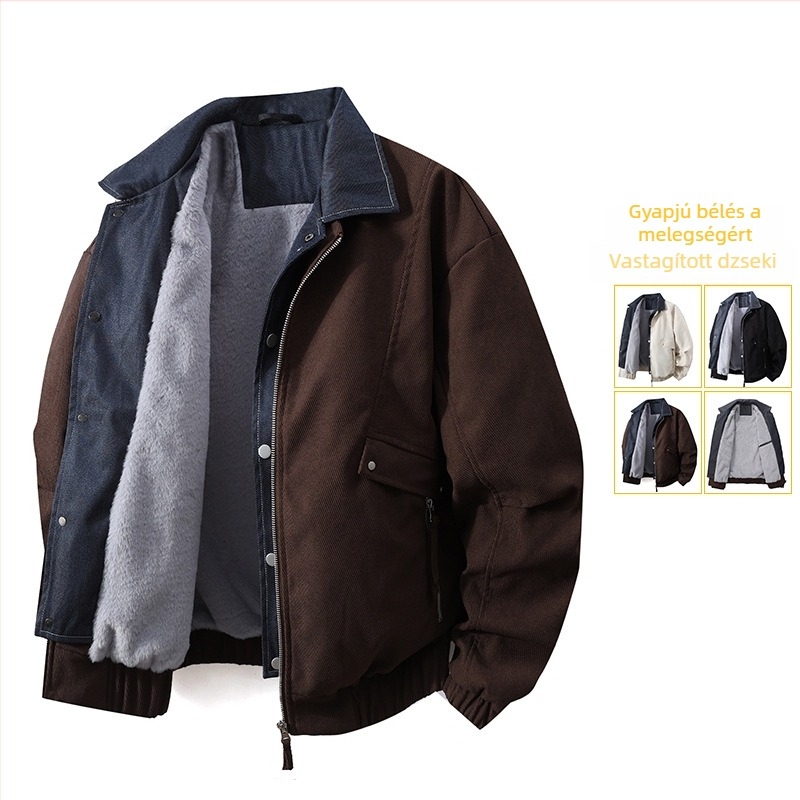 Férfi denim dzseki fleece béléssel, hamis két darabos megjelenés, meleg, laza szabású, hongkongi stílus