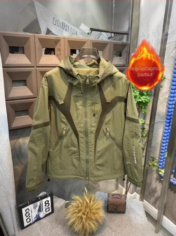 Férfi kapucnis steppelt kabát, vastag tömésű téli modell, workwear-stílusú