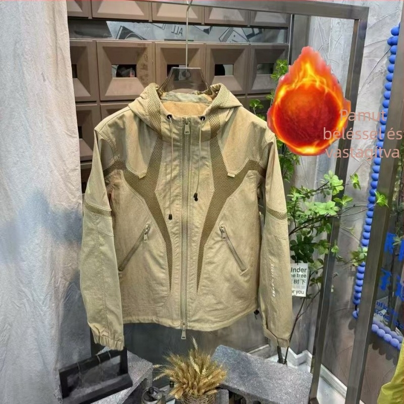 Férfi kapucnis steppelt kabát, vastag tömésű téli modell, workwear-stílusú