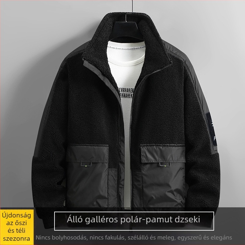 Plusz méretű férfi kabát, amerikai stílusú álló gallér, fleece patchwork részletekkel, bélés poliészter
