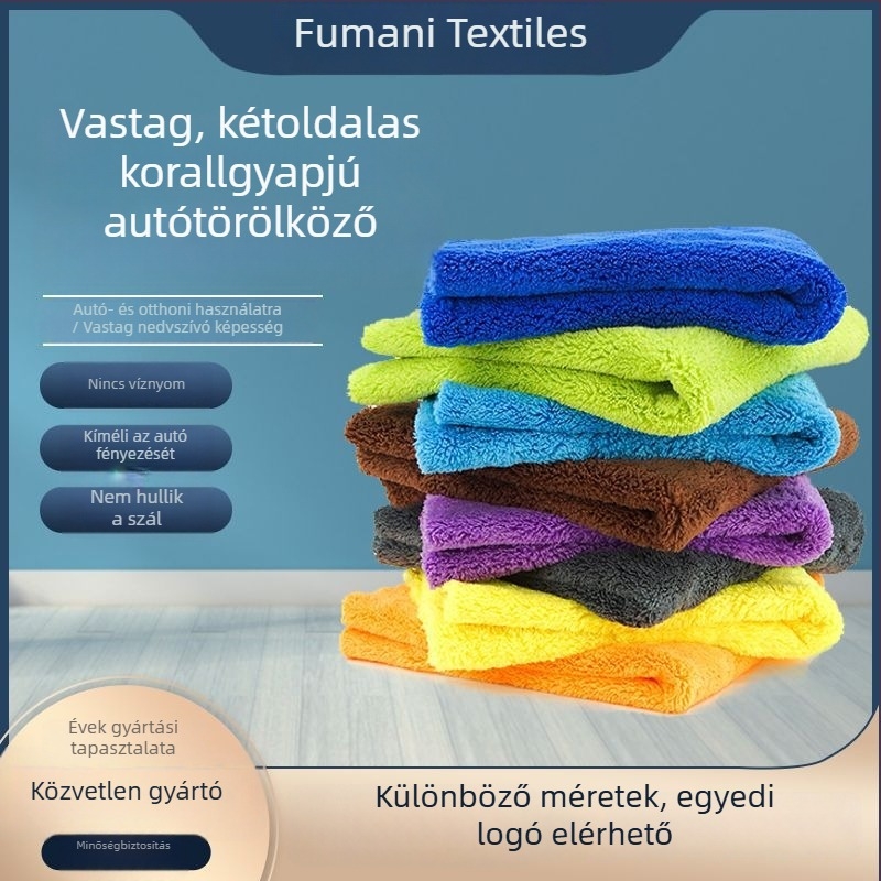 Kétoldalas korallgyapjú autóápoló törölköző, nedvszívó, vastag törölköző mosáshoz logóval