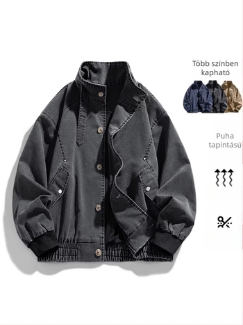 Férfi mosott denim dzseki, cipzáros zárás, galléros, laza szabás, hosszú ujjú, casual vintage stílus.