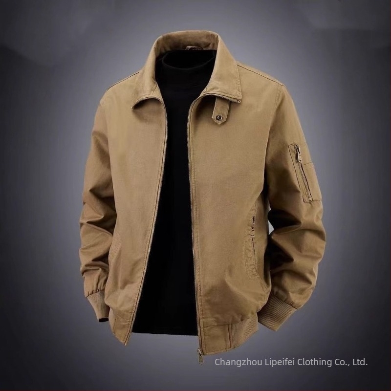 Férfiak számára készült munkaruha dzseki, 100% pamut, egyszínű, nagy méret, amerikai stílusú pilóta gallér, retro casual