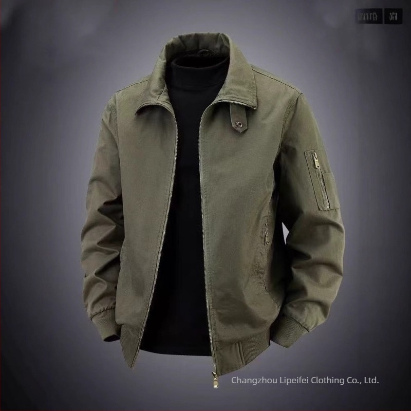 Férfiak számára készült munkaruha dzseki, 100% pamut, egyszínű, nagy méret, amerikai stílusú pilóta gallér, retro casual