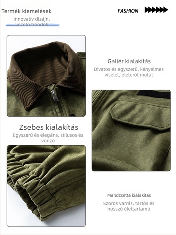 Férfi színblokkolt galléros dzseki, tavasz-ősz 2026, lazán szabott, velúrhatású