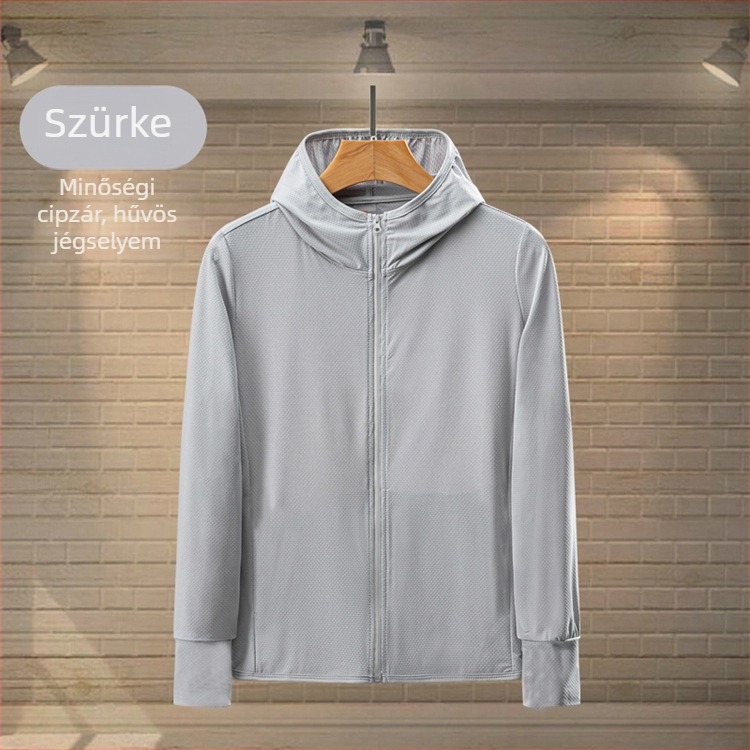 Férfi kapucnis hálós ice-silk anyagú dzseki, könnyű, lélegző, UV védelem, tavasz–nyár, poliészter