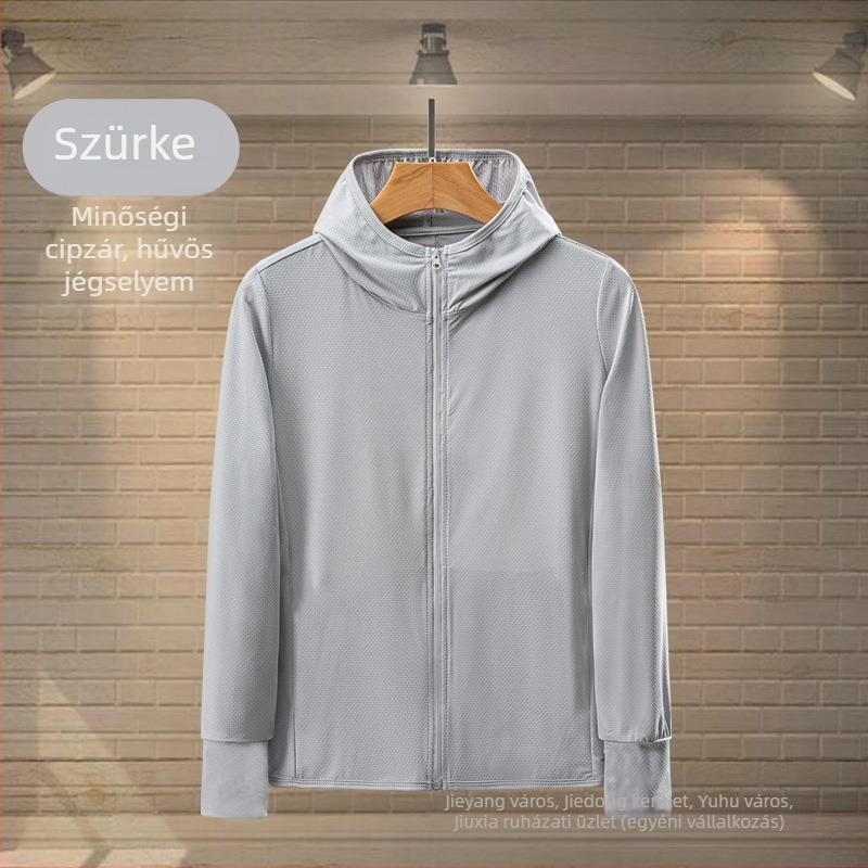 Férfi kapucnis hálós ice-silk anyagú dzseki, könnyű, lélegző, UV védelem, tavasz–nyár, poliészter