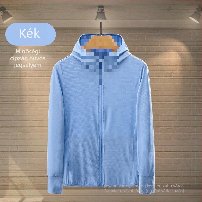 Férfi kapucnis hálós ice-silk anyagú dzseki, könnyű, lélegző, UV védelem, tavasz–nyár, poliészter
