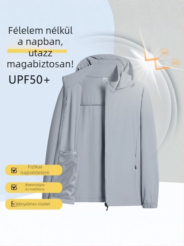 Nyári férfi UPF50+ lélegző Ice Silk anyagú levehető kapucnival ellátott vékony kabát