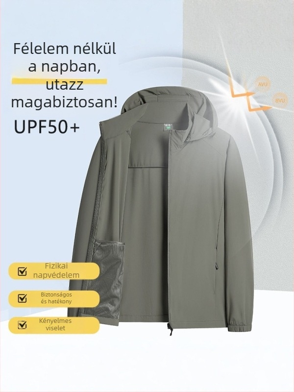 Nyári férfi UPF50+ lélegző Ice Silk anyagú levehető kapucnival ellátott vékony kabát