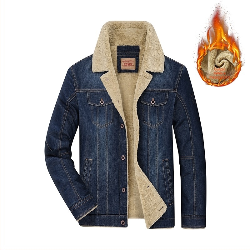 Férfi denim-pamut dzseki, casual stílus, amerikai verzió, laza szabás, vastag fleece-bélés