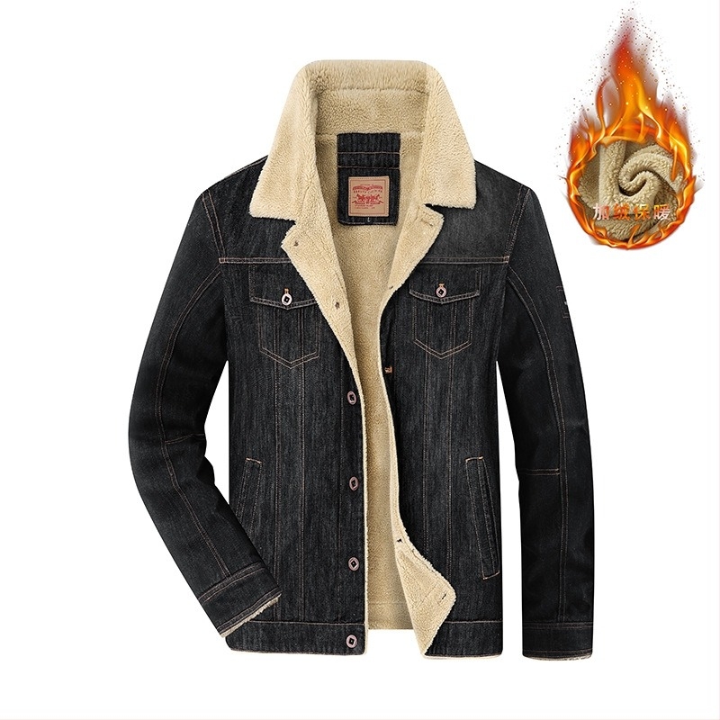 Férfi denim-pamut dzseki, casual stílus, amerikai verzió, laza szabás, vastag fleece-bélés