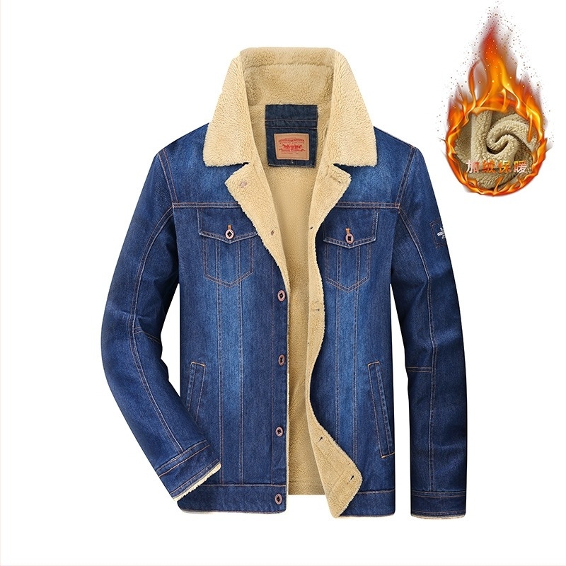 Férfi denim-pamut dzseki, casual stílus, amerikai verzió, laza szabás, vastag fleece-bélés