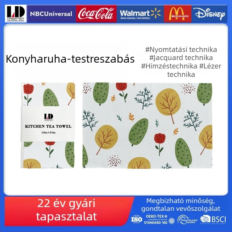 Kétoldalas teás törölköző logóval, hőtranszfer nyomtatás, goframinta, ultrafin mikrorostos konyhai törölköző