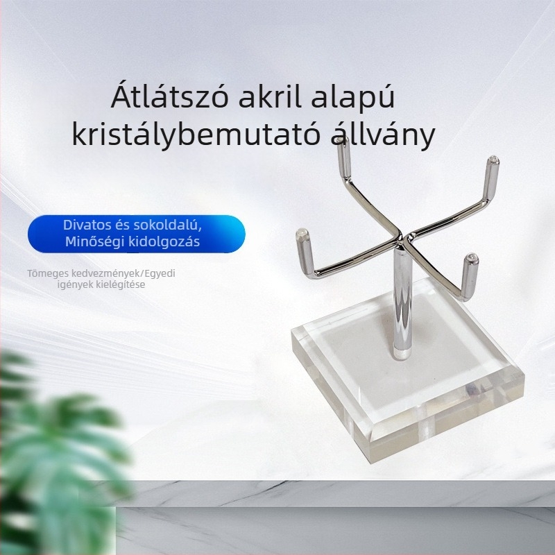 Akril kiállító állvány kristályok, ásványok, ékszerek és kiegészítők számára, átlátszó talppal és fém tartóval