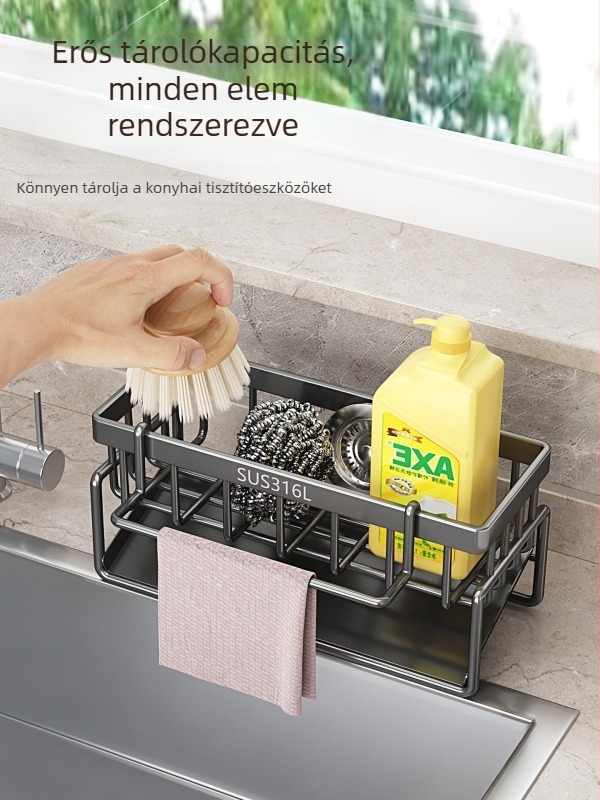316 rozsdamentes acél konyhai polc lefolyóval és rongy tárolóval – mosogatóhoz