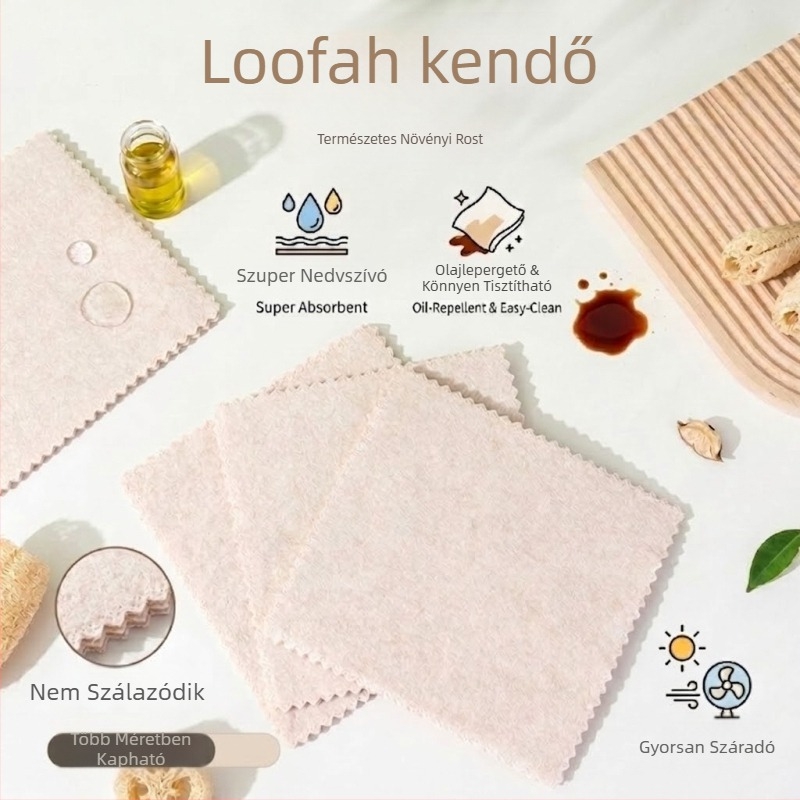Loofah konyharuha, több méretben, víz- és zsírfelszívó, kettős használat – száraz és nedves, szálmentes, konyhai tisztító kendő