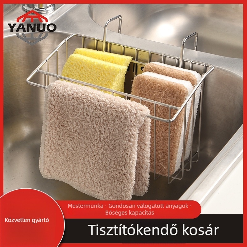Rozsdamentes acél mosogató rendező – konyha, étterem és hotel számára; szivacs és törlőrongy tartó, edények tároló