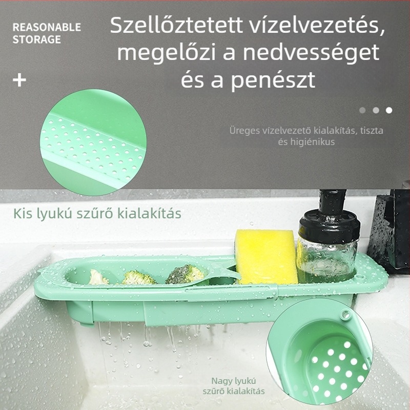 Konyhai mosogató lefolyó állvány, állítható teleszkópos kivitelben, dupla rétegű tároló edények és törölközők számára