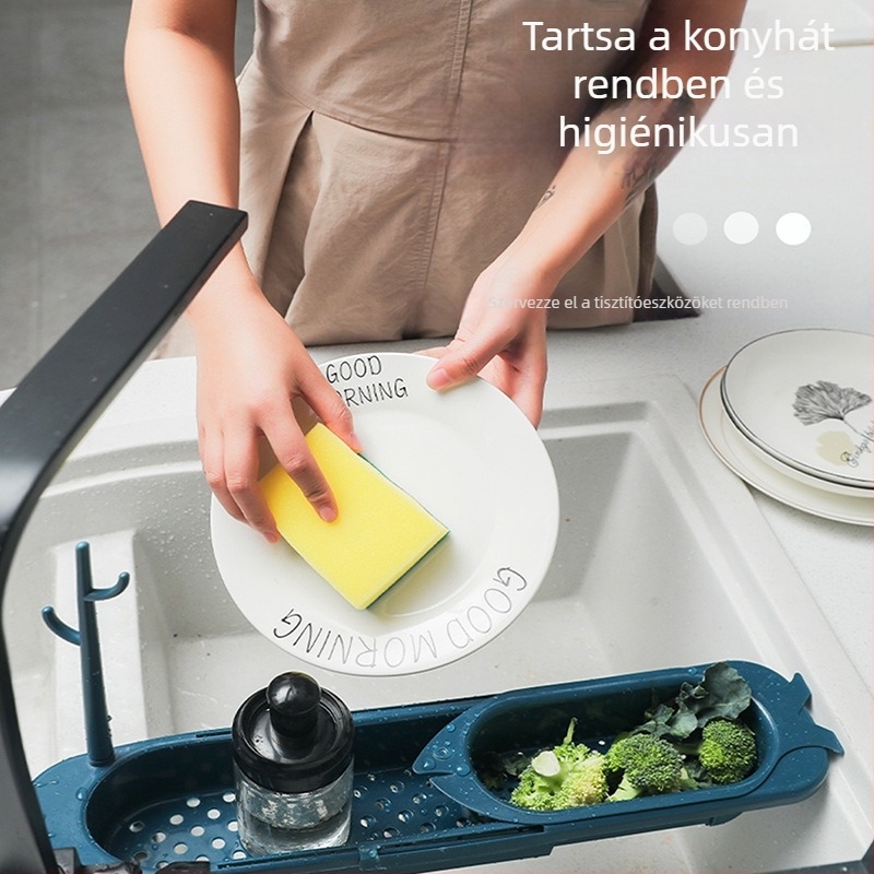 Konyhai mosogató lefolyó állvány, állítható teleszkópos kivitelben, dupla rétegű tároló edények és törölközők számára