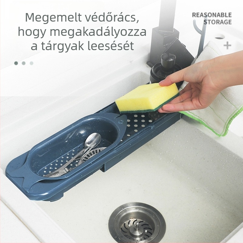 Konyhai mosogató lefolyó állvány, állítható teleszkópos kivitelben, dupla rétegű tároló edények és törölközők számára
