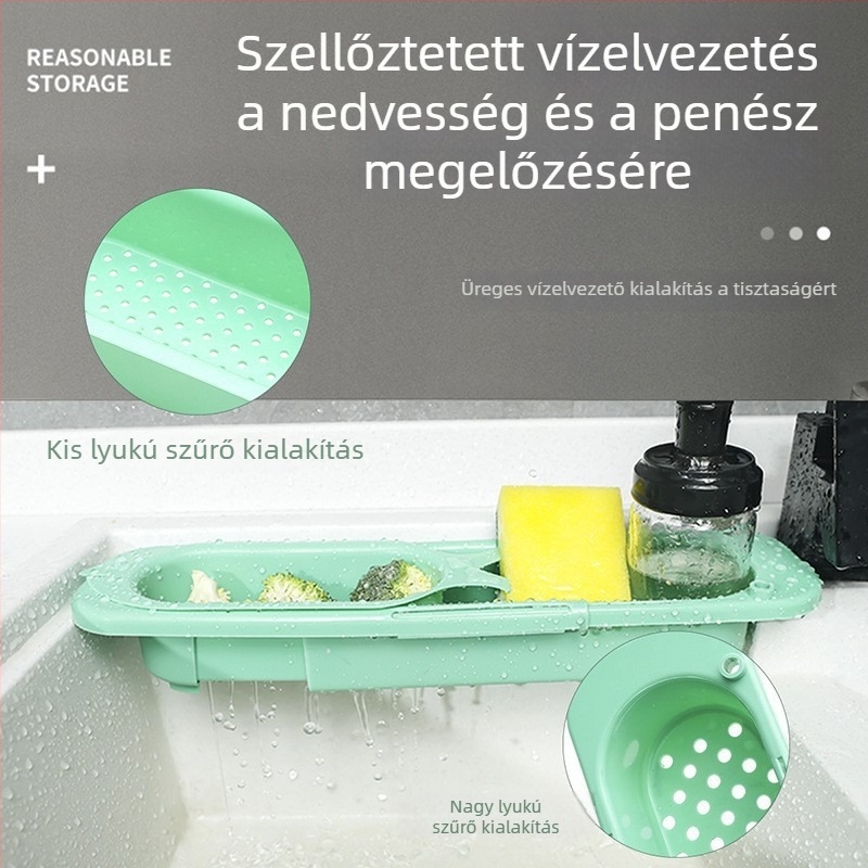 Konyhai mosogató lefolyó állvány, állítható teleszkópos kivitelben, dupla rétegű tároló edények és törölközők számára