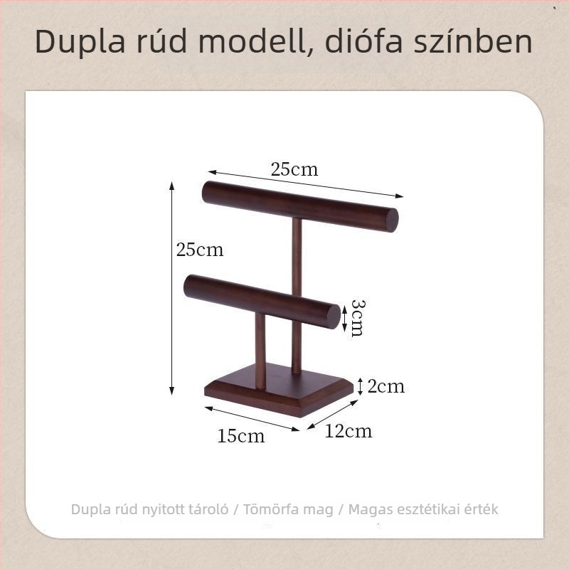 Fából készült ékszerdisplay állvány dióbarna színben, két szintes, fülbevalók, nyakláncok és karkötők számára