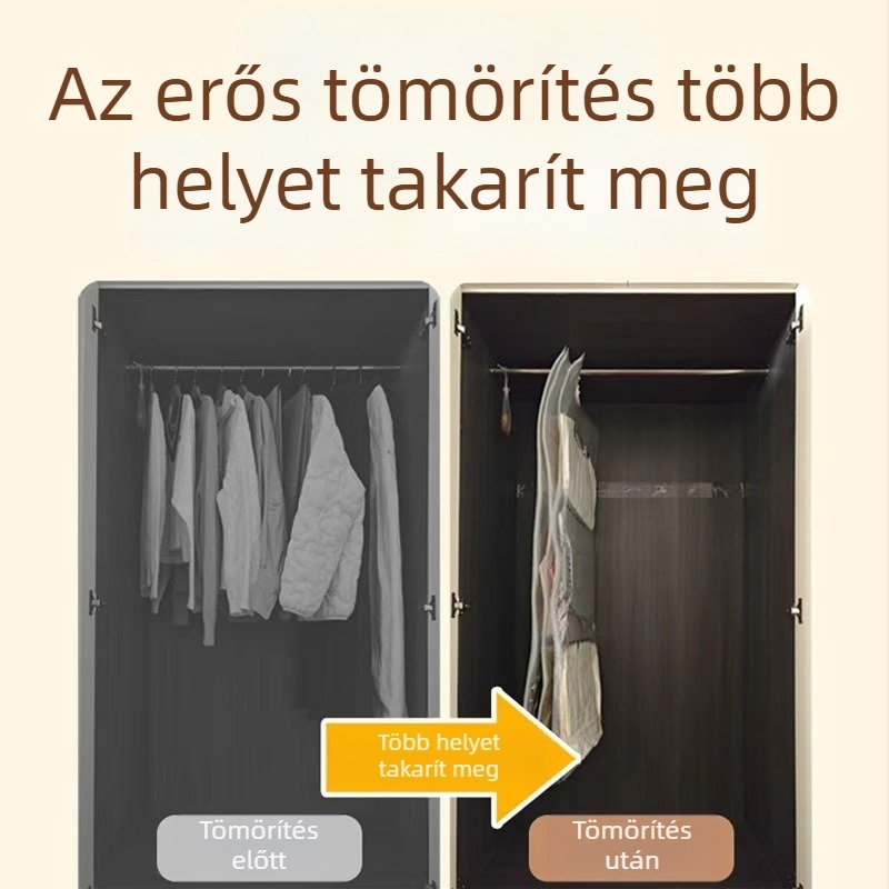 Nagy méretű vákuumos tömörítő ruha tasak, felakasztható tárolással, nedvességálló és porvédő, alkalmas kosztümökre, prémre és tollas kabátokra.
