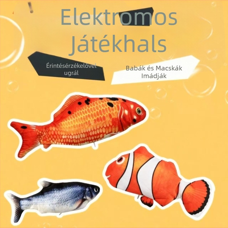 Macska játék: realisztikus plüss hal, USB-újratölthető, mozogó