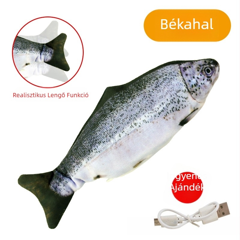 Macska játék: realisztikus plüss hal, USB-újratölthető, mozogó