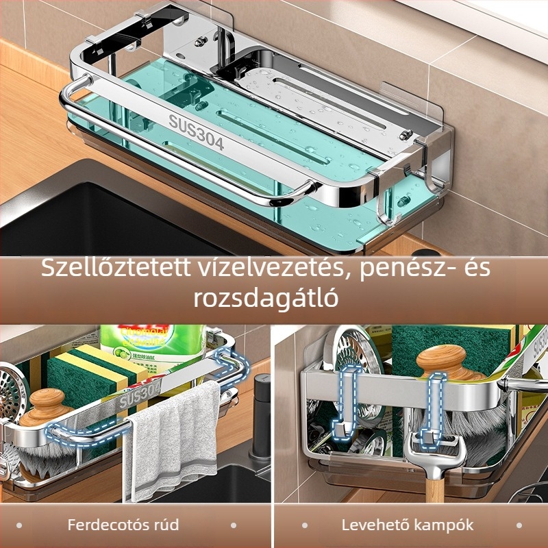 Wow rozsdamentes acél falra szerelhető mosogató tároló állvány – szivacsok és törölközők tárolására