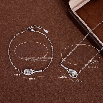 S925 Sterling ezüst hálós teniszező medálos nyaklánc készlet sárga gyémánttal, sportos stílus, hossz 41–50 cm, X099