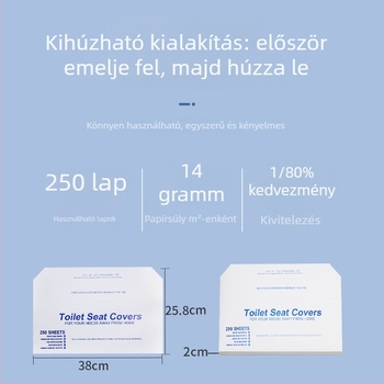 Vízben oldódó WC-ülőke fedő papír, egyszer használatos alátét, 250 lap, félbehajtva, fa cellulóz