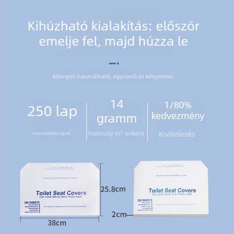 Vízben oldódó WC-ülőke fedő papír, egyszer használatos alátét, 250 lap, félbehajtva, fa cellulóz