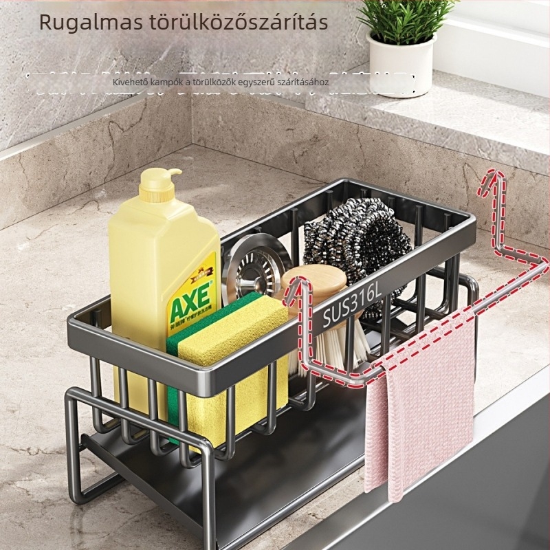Rozsdamentes acélból készült konyhai polc szárítóval és rongy tárolóval a mosogatóhoz