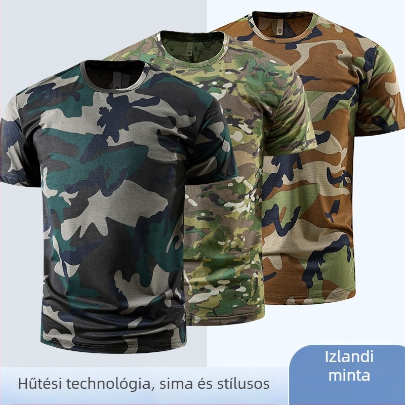 Nyári férfi rövid ujjú póló ice-silk elasztikus camuflázs mintával, gyorsan száradó, légáteresztő, kerek nyakú