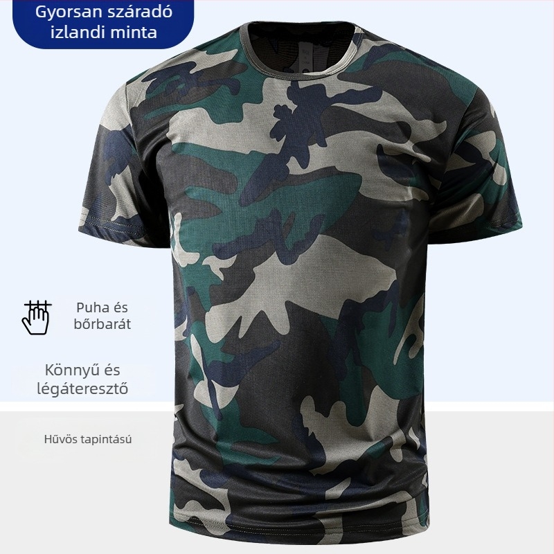 Nyári férfi rövid ujjú póló ice-silk elasztikus camuflázs mintával, gyorsan száradó, légáteresztő, kerek nyakú