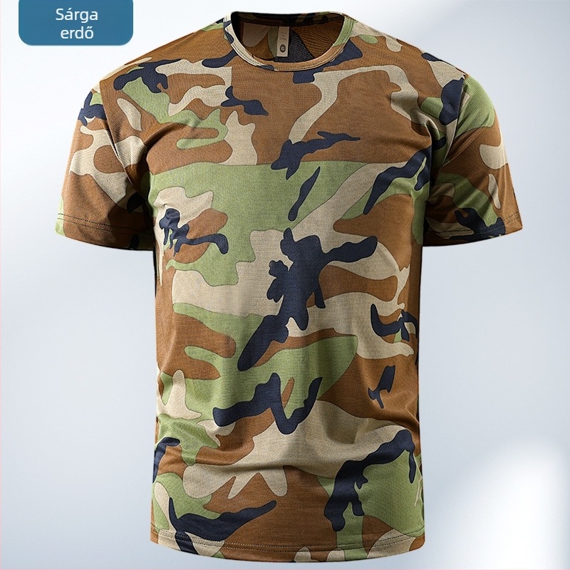Nyári férfi rövid ujjú póló ice-silk elasztikus camuflázs mintával, gyorsan száradó, légáteresztő, kerek nyakú
