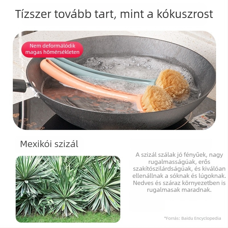 Hosszú nyelű, növényi rostból készült edény- és tálmosó kefec, konyhai tisztító eszköz, mosogatáshoz, eltávolítja a zsírt anélkül, hogy felszívná az olajat