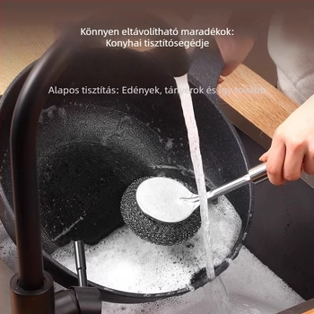 Rozsdamentes acél edénytisztító ecset hosszú nyéllel a konyhában; acéldrót gömb a lábasok és edények tisztításához; a szálak nem esnek ki