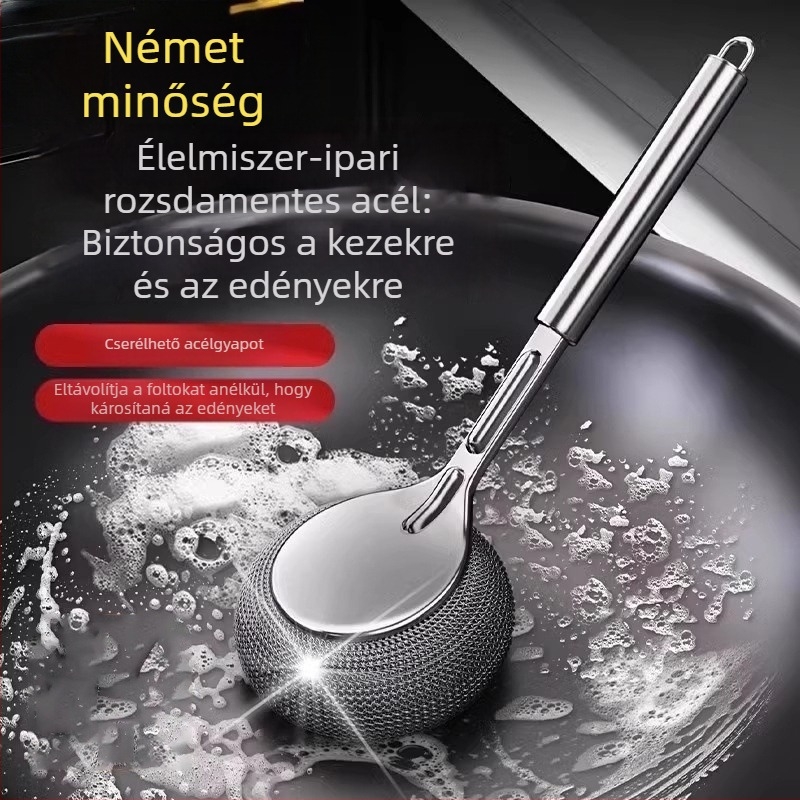 Rozsdamentes acél edénytisztító ecset hosszú nyéllel a konyhában; acéldrót gömb a lábasok és edények tisztításához; a szálak nem esnek ki