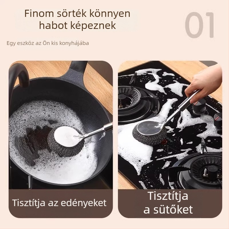 Rozsdamentes acél edénytisztító ecset hosszú nyéllel a konyhában; acéldrót gömb a lábasok és edények tisztításához; a szálak nem esnek ki