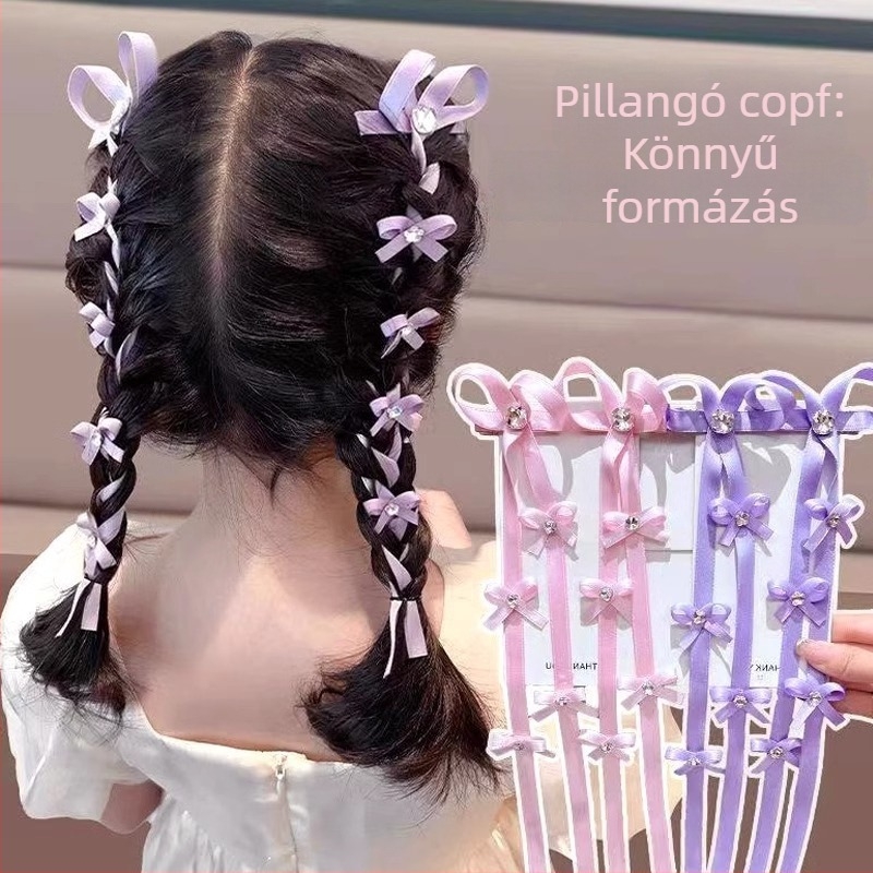 Lila gyerek hajdísz pillangó masnival, bojtokkal és fonott hajhoz illő szalaggal, antik stílusban