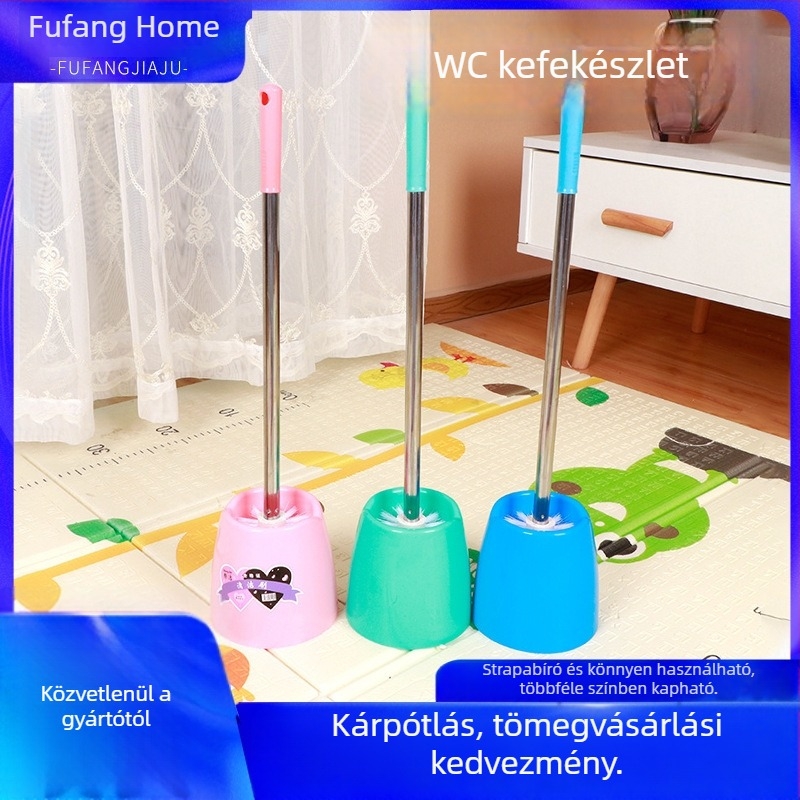WC-kefe készlet hosszú nyelekkel és alappal, kör alakú műanyag fejjel, rozsdamentes
