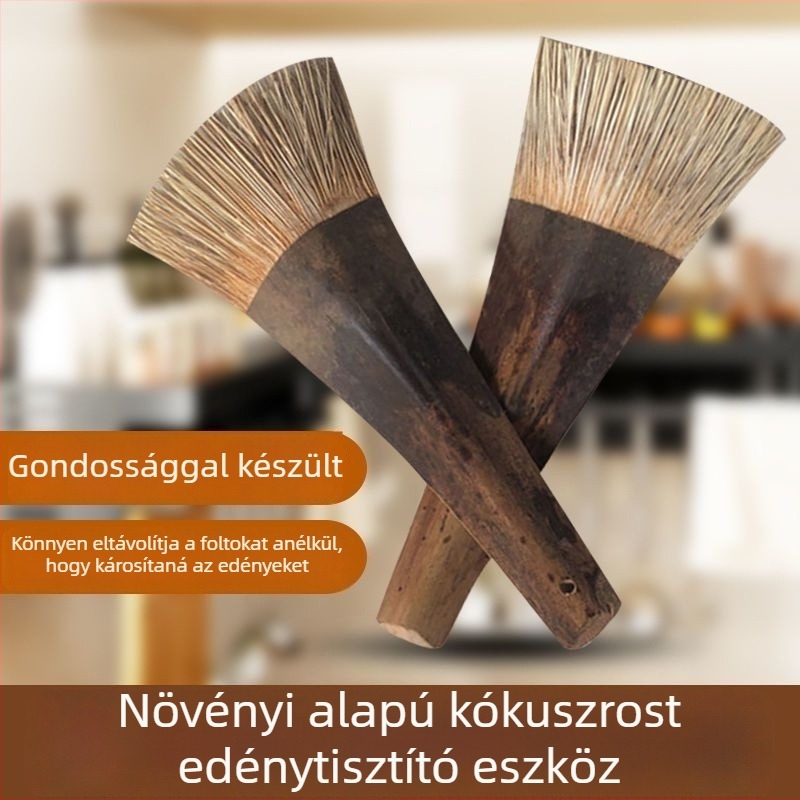 Kókuszrostból készült edényecset hosszú nyéllel, kíméli az edények alját, nem ragad a zsírhoz és nem tapad a kézhez
